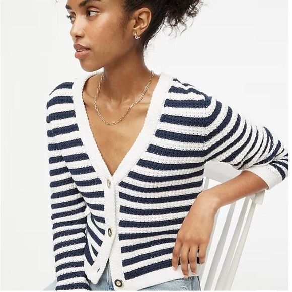J.CREW Striped knit V-neck cardigan sweater Cotton Blue White Large coastal - Picture 1 of 10